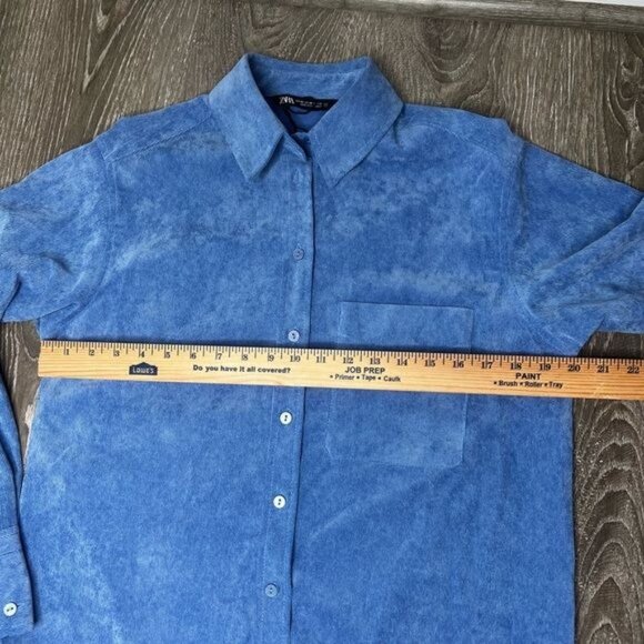 ZARA Fine-Waled Corduroy Oversized Blue Button-Up Shirt Size XS - Picture 7 of 15